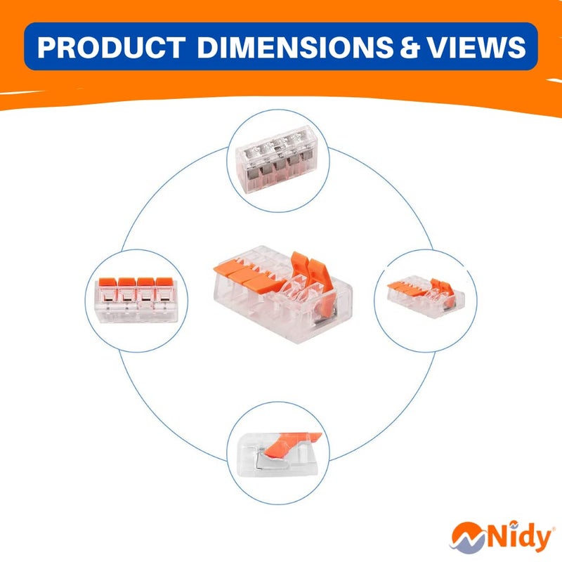 Nidy 5Pcs Compact Lever Wire Nut Connector 5 Port Splicing Wire Connector Universal Quick Wiring Cable Connection Pushin Conductor Terminal Block Reusable CE RoHS Certified 2412 AWG - Image 5