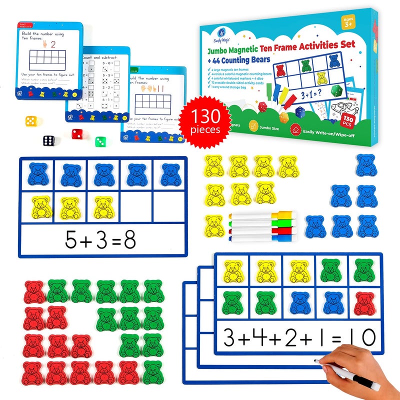 130 PCS Jumbo Magnetic Ten Frames Activity Set with Counting Bears Math Manipulatives for Kindergarten PreK Preschool Counting Bears Class Set Math Counters Games for Kids Homeschool Supplies