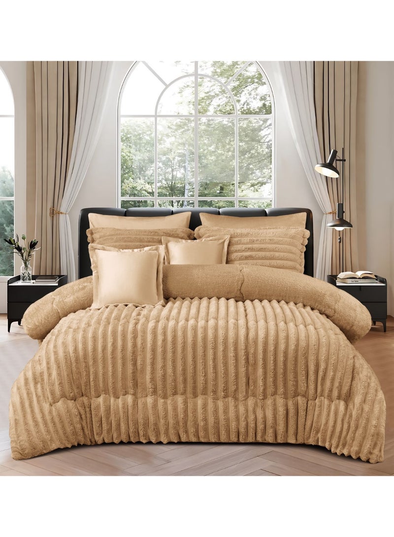 مينج لي مفرش شتوي فرو فاخر نفرين – طقم سرير 8 قطع بتصميم هندسي ناعم مقاس كبير 230×250 سم - Image 2