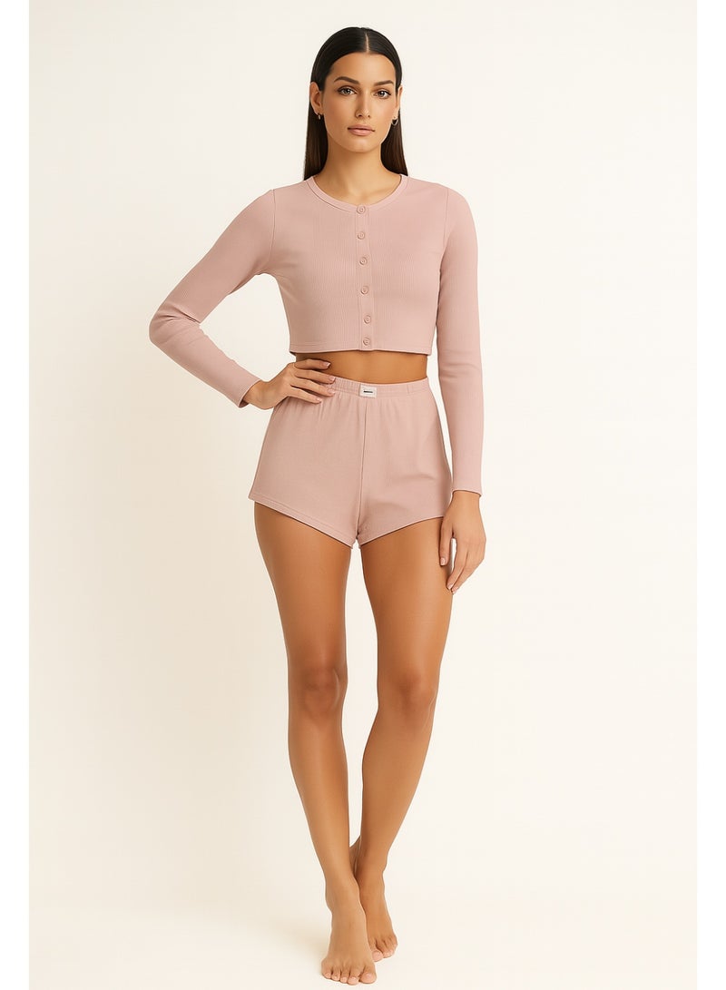 Kisunya 2pcs Women's Autumn Lounge Wear Pajama Set – Solid Color Minimalist Style, Long Sleeve Round Neck Single-Breasted Top & Elastic Waist Shorts, Soft and Comfortable Two-Piece Set, Ideal for Home wear, Sleepwear, and Casual Relaxation - Image 3