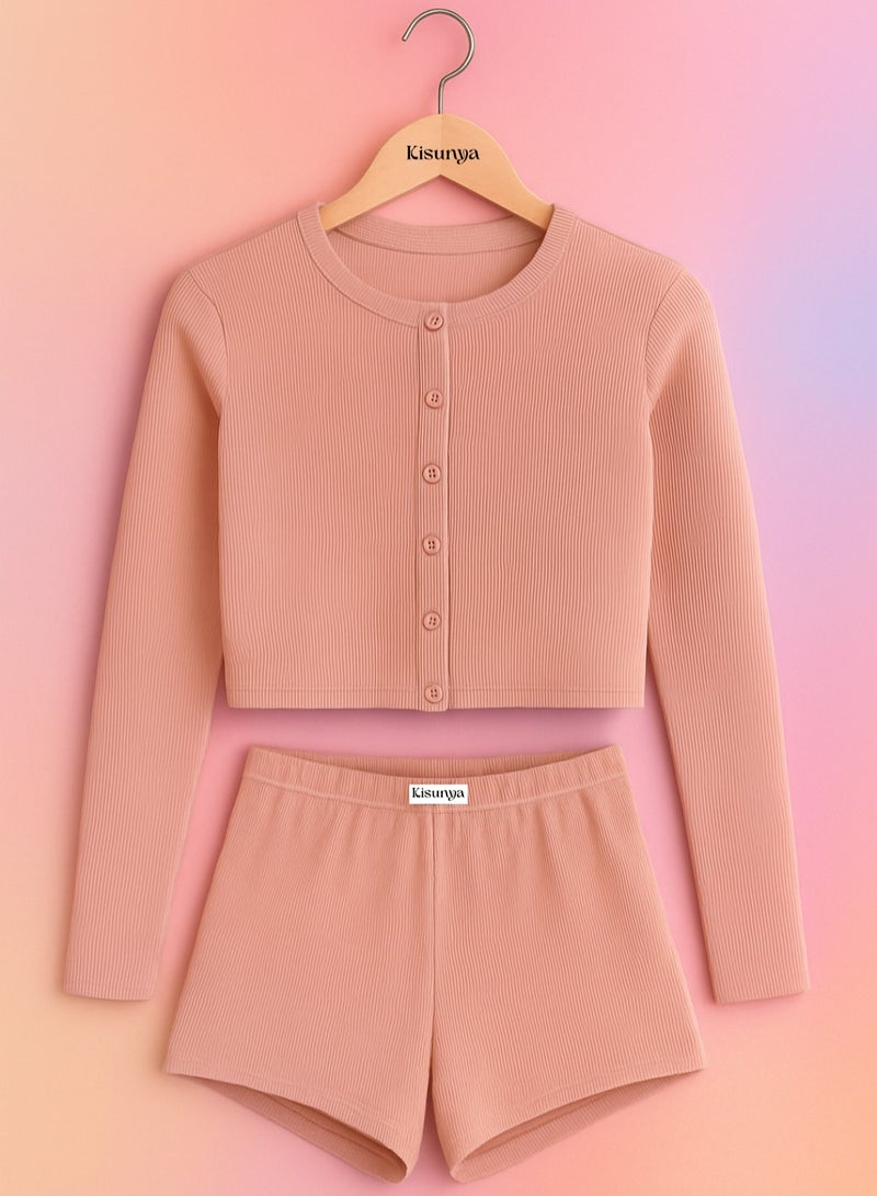 Kisunya 2pcs Women's Autumn Lounge Wear Pajama Set – Solid Color Minimalist Style, Long Sleeve Round Neck Single-Breasted Top & Elastic Waist Shorts, Soft and Comfortable Two-Piece Set, Ideal for Home wear, Sleepwear, and Casual Relaxation - Image 2