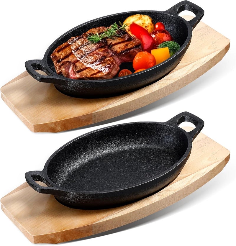 Mifoci 2 Sets Mini Cast Iron Skillet with Wooden Base  Fajita Plates Bakers Skillet  Matte Black Small Cast Iron Pan for Kitchen Restaurant Barbecue Dinner 85 x 61 x 17 Inches - Image 1
