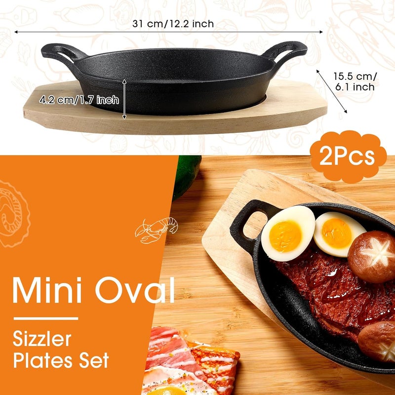 Mifoci 2 Sets Mini Cast Iron Skillet with Wooden Base  Fajita Plates Bakers Skillet  Matte Black Small Cast Iron Pan for Kitchen Restaurant Barbecue Dinner 85 x 61 x 17 Inches - Image 2