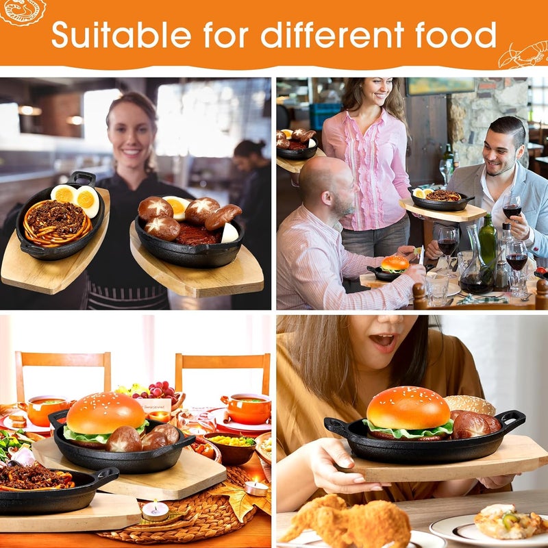 Mifoci 2 Sets Mini Cast Iron Skillet with Wooden Base  Fajita Plates Bakers Skillet  Matte Black Small Cast Iron Pan for Kitchen Restaurant Barbecue Dinner 85 x 61 x 17 Inches - Image 4