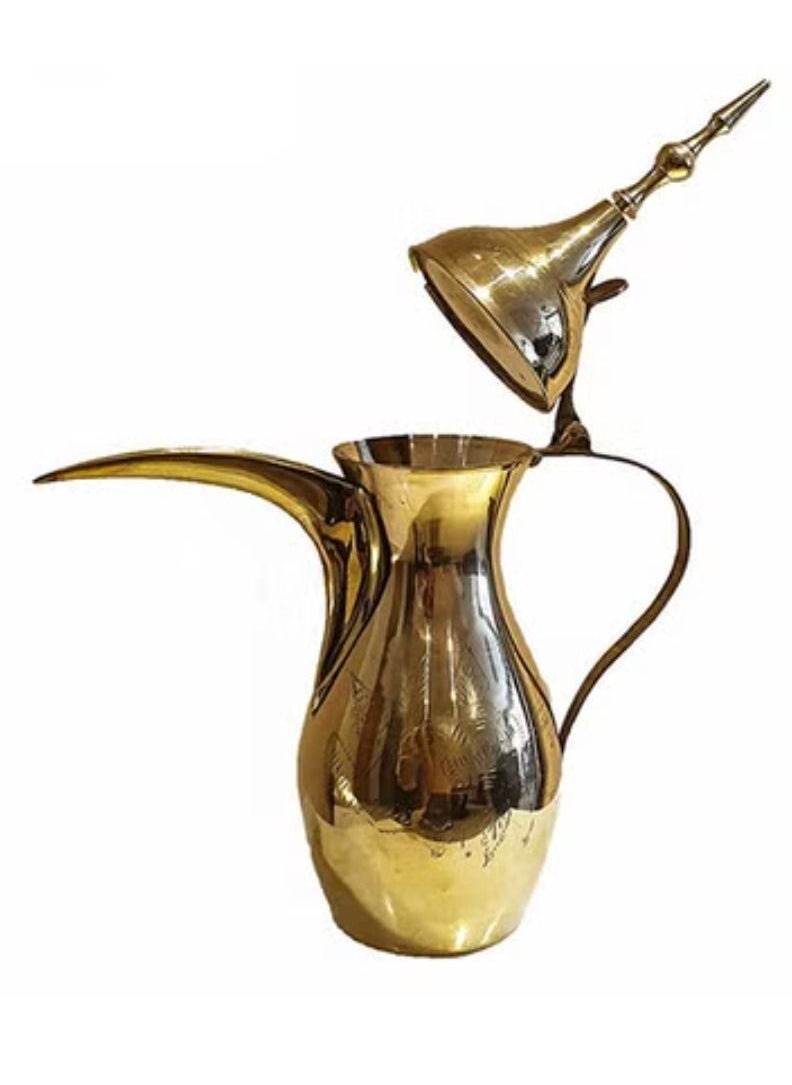 QUESERA Mid Eastern Dallah Coffee Pot Chased Brass Crossed Swords Islamic Boudoin  - Image 2