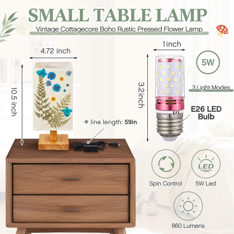 Hortsun Pressed Flower Lamp Vintage Table Small Lamp Cottagecore Decor Boho Night Light Decorative Rustic Night Light for Bedroom, Living Room or Office, Valentine Gift for Women(Rectangle) - Image 2