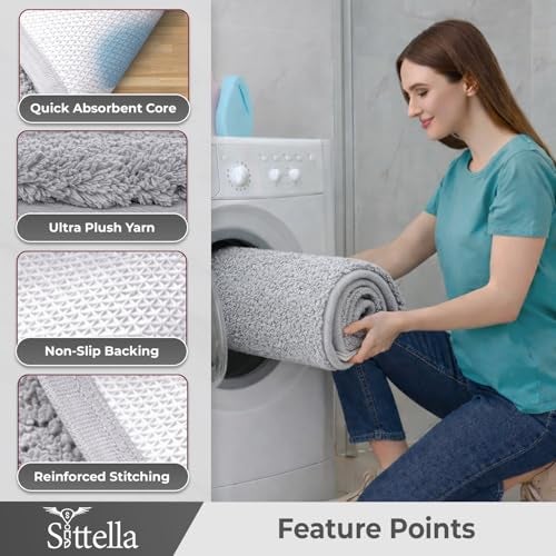 SITTELLA® Pack of 2 Premium 2000 GSM Microfiber Bathroom Mats (60x40 cm) | Ultra Soft Plush Bath Rug | Anti-Skid Backing | Super Water Absorbent & Quick Dry | Washable Bath Mat for Shower| Light-Grey - Image 4