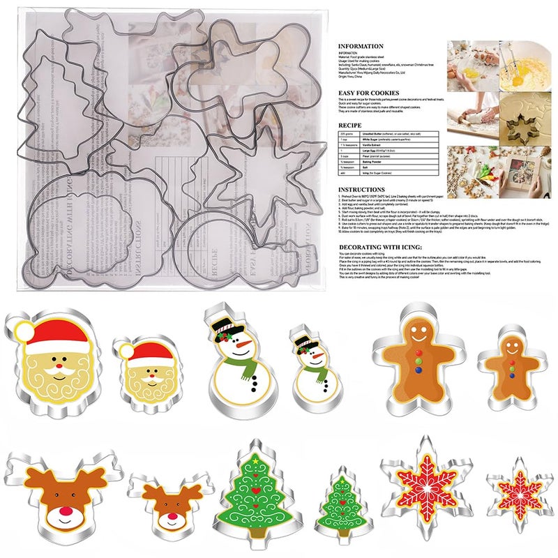 Large Christmas Cookie Cutters4 Holiday Cookie Cutters Stainless Steel12pcs Molds with Recipe InstructionSnowman Christmas tree elk snowflake