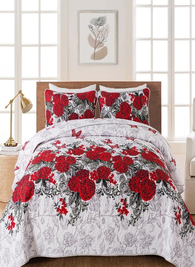 Yiran Red Floral Quilt Set King Size Rose Spring Bedspreads Bedding Set 3 Pieces Lightweight Microfiber Botanical Coverlet with 2 Pillow Shams for All Season 104x90 Inch - Image 1