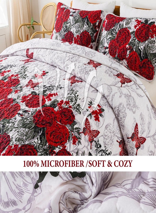 Yiran Red Floral Quilt Set King Size Rose Spring Bedspreads Bedding Set 3 Pieces Lightweight Microfiber Botanical Coverlet with 2 Pillow Shams for All Season 104x90 Inch - Image 4