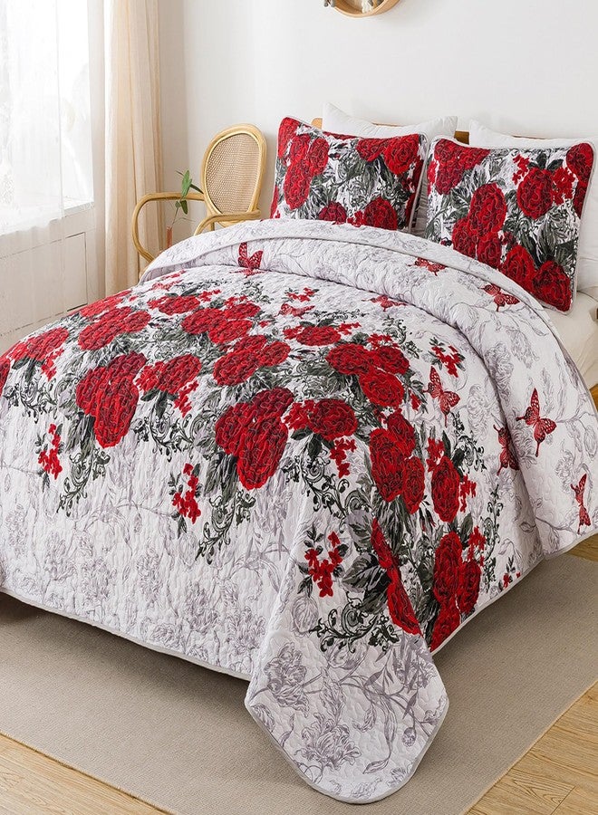 Yiran Red Floral Quilt Set King Size Rose Spring Bedspreads Bedding Set 3 Pieces Lightweight Microfiber Botanical Coverlet with 2 Pillow Shams for All Season 104x90 Inch - Image 2
