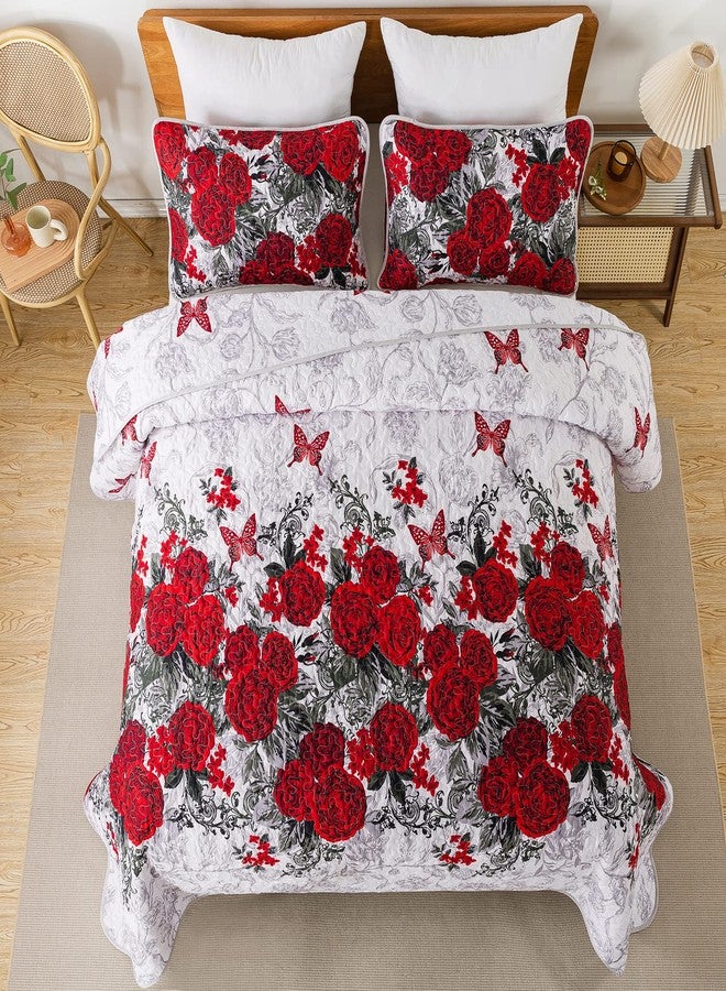 Yiran Red Floral Quilt Set King Size Rose Spring Bedspreads Bedding Set 3 Pieces Lightweight Microfiber Botanical Coverlet with 2 Pillow Shams for All Season 104x90 Inch - Image 3