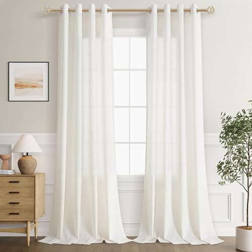 Jowels Natural Cream Linen Curtains 90 Inch Length 2 Panels for Living Room Bedroom, Light Filtering Sheer Curtains 90 Inches, Modern Farmhouse Grommet Semi Sheer Soft Privacy Drapes - Image 2