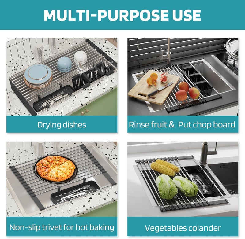 BBXTYLY Black Expandable Roll Up Dish Drying Rack Up to 22.8''with 2 Storage Baskets,Over The Sink Kitchen Rolling up Dish Drainer Drying Rack , Foldable,Rollable,for Kitchen Dishes(Expandable Width Size) - Image 5
