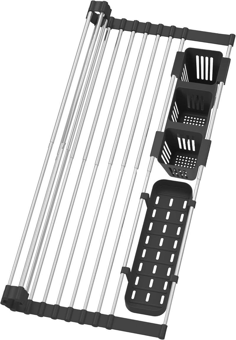 BBXTYLY Black Expandable Roll Up Dish Drying Rack Up to 22.8''with 2 Storage Baskets,Over The Sink Kitchen Rolling up Dish Drainer Drying Rack , Foldable,Rollable,for Kitchen Dishes(Expandable Width Size) - Image 1