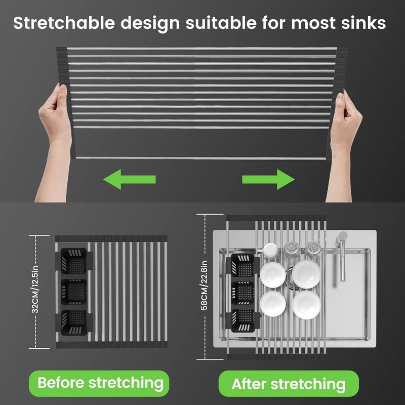 BBXTYLY Black Expandable Roll Up Dish Drying Rack Up to 22.8''with 2 Storage Baskets,Over The Sink Kitchen Rolling up Dish Drainer Drying Rack , Foldable,Rollable,for Kitchen Dishes(Expandable Width Size) - Image 3