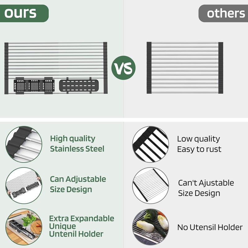 BBXTYLY Black Expandable Roll Up Dish Drying Rack Up to 22.8''with 2 Storage Baskets,Over The Sink Kitchen Rolling up Dish Drainer Drying Rack , Foldable,Rollable,for Kitchen Dishes(Expandable Width Size) - Image 4
