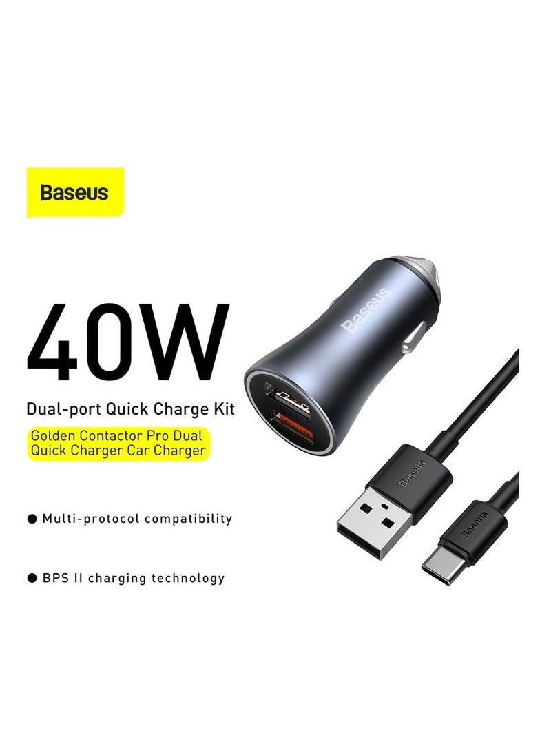 Baseus 40W Car Charger Adapter with Dual Quick Charge 3.0 USB Ports, Includes USB Type-C 5A 1.0m Cable, Compatible with iPhone 15, 15 Pro, 14, 14 Pro, 13 Pro Max, 13 Mini, 12, 12 Pro, 11, iPad, Samsung Galaxy Note, and More, Fast Charging for All Devices  - Image 2
