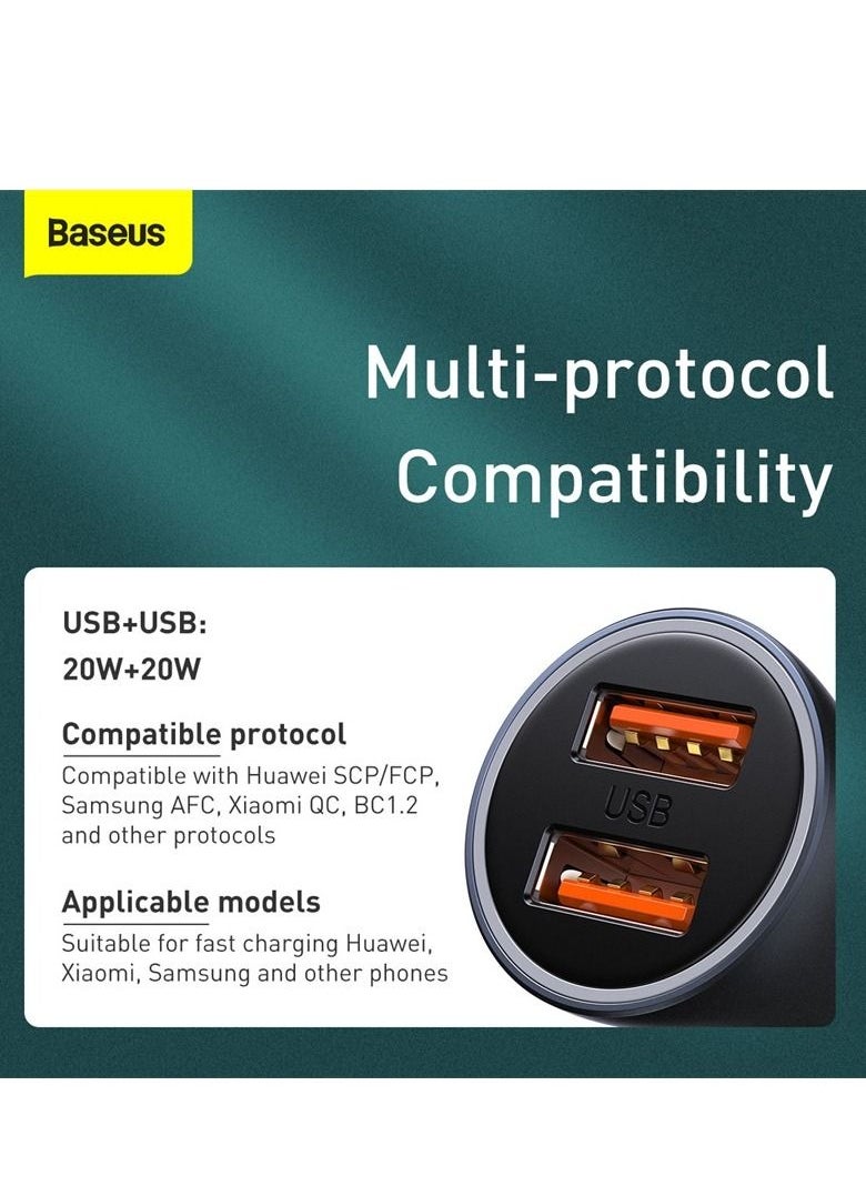 Baseus 40W Car Charger Adapter with Dual Quick Charge 3.0 USB Ports, Includes USB Type-C 5A 1.0m Cable, Compatible with iPhone 15, 15 Pro, 14, 14 Pro, 13 Pro Max, 13 Mini, 12, 12 Pro, 11, iPad, Samsung Galaxy Note, and More, Fast Charging for All Devices  - Image 3