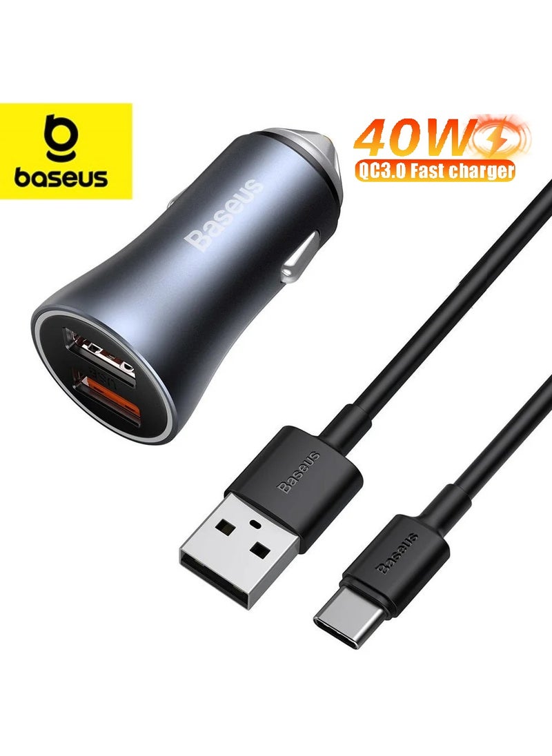 Baseus 40W Car Charger Adapter with Dual Quick Charge 3.0 USB Ports, Includes USB Type-C 5A 1.0m Cable, Compatible with iPhone 15, 15 Pro, 14, 14 Pro, 13 Pro Max, 13 Mini, 12, 12 Pro, 11, iPad, Samsung Galaxy Note, and More, Fast Charging for All Devices  - Image 1