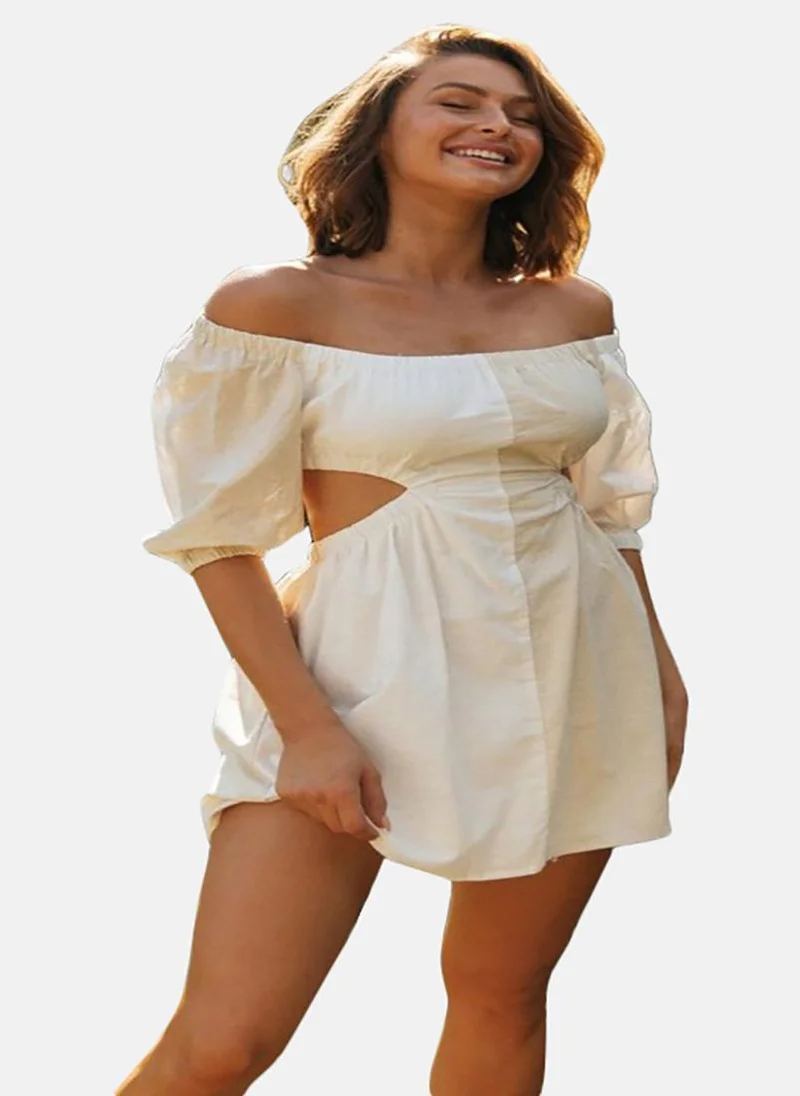 YUNIQEE White Off-Shoulder Puff Sleeve Sheath Mini Dress