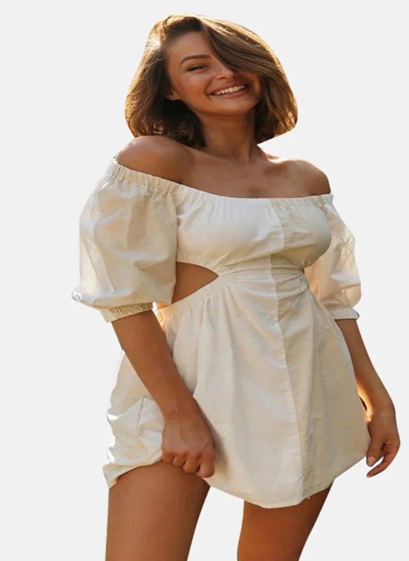 YUNIQEE White Off-Shoulder Puff Sleeve Sheath Mini Dress