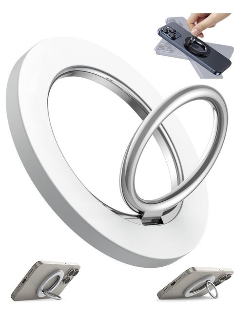 Phone Ring Holder for MagSafe, Strong Magnet Phone Grip Stand Holder Anti-Scratch Adjustable Kickstand for iPhone 16 15 14 13 12, Pro, Pro Max, Mini, Plus, for Magnetic phone cases, & Android Devices Use with Iron Ring (White)