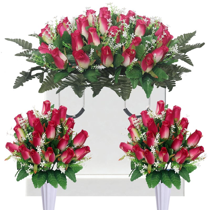 IDMOP 3 Sets Christmas Artificial Cemetery Flowers for Grave,Headstone Flower Saddle with 2 Memorial Rose Bouquets with Vases for Grave Tombstone Decorations (Rose Pink) - Image 1