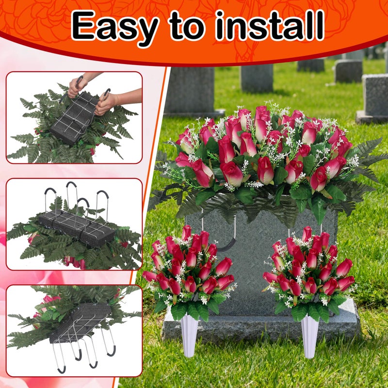 IDMOP 3 Sets Christmas Artificial Cemetery Flowers for Grave,Headstone Flower Saddle with 2 Memorial Rose Bouquets with Vases for Grave Tombstone Decorations (Rose Pink) - Image 4