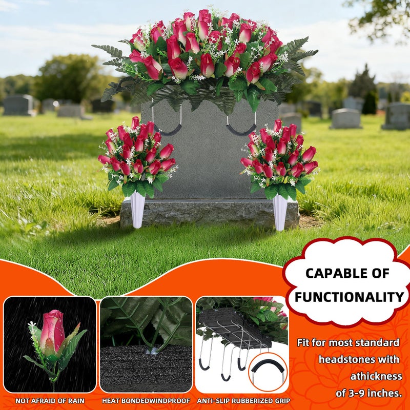 IDMOP 3 Sets Christmas Artificial Cemetery Flowers for Grave,Headstone Flower Saddle with 2 Memorial Rose Bouquets with Vases for Grave Tombstone Decorations (Rose Pink) - Image 5
