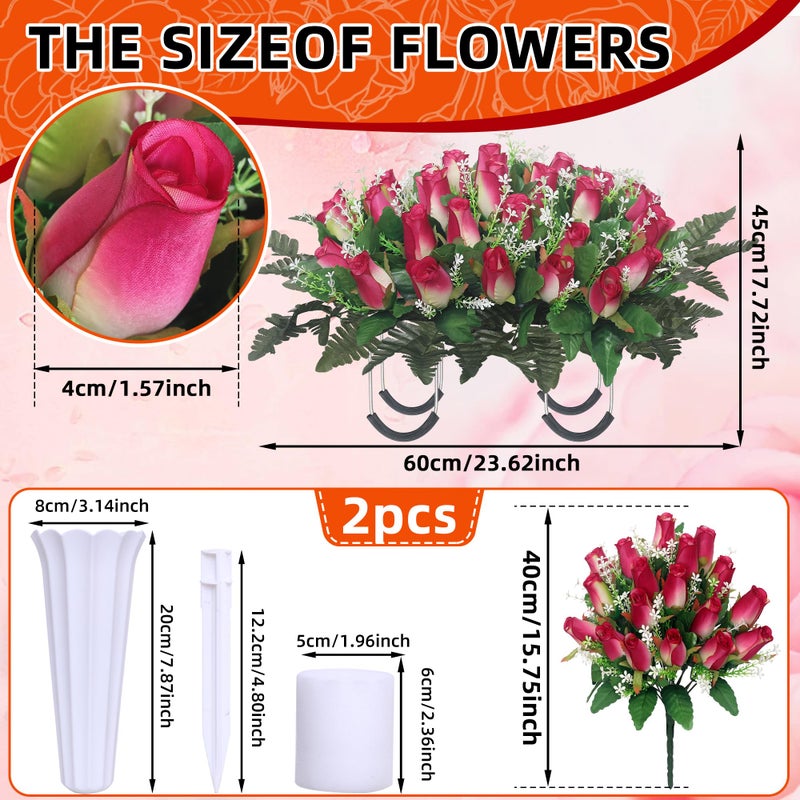 IDMOP 3 Sets Christmas Artificial Cemetery Flowers for Grave,Headstone Flower Saddle with 2 Memorial Rose Bouquets with Vases for Grave Tombstone Decorations (Rose Pink) - Image 3