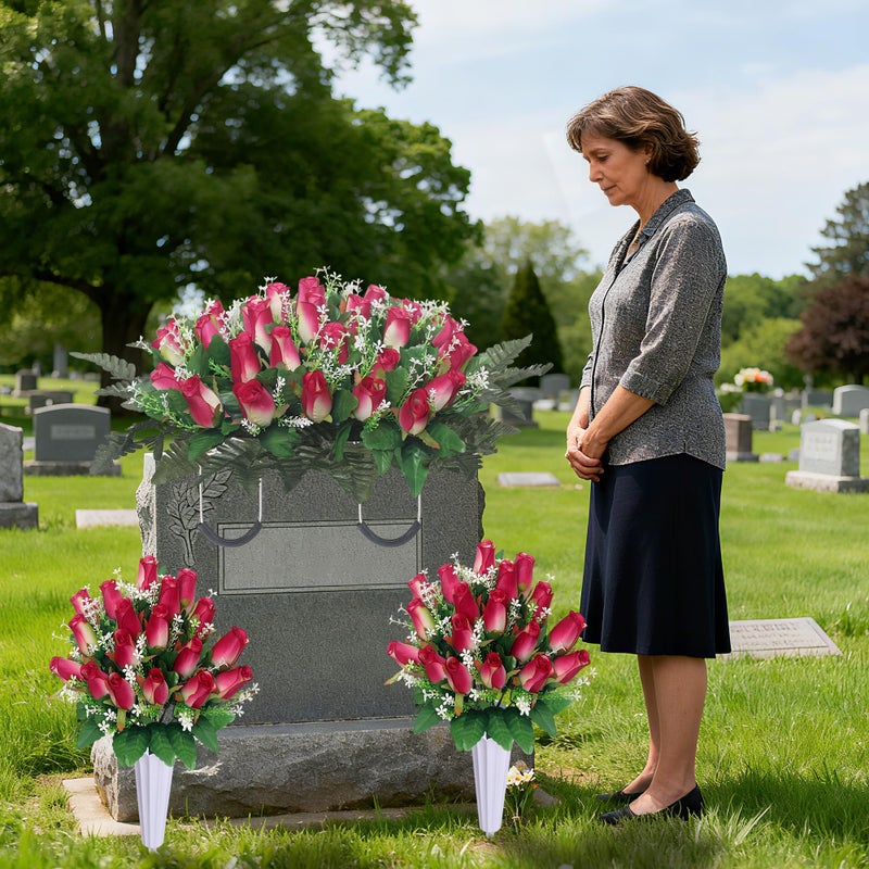 IDMOP 3 Sets Christmas Artificial Cemetery Flowers for Grave,Headstone Flower Saddle with 2 Memorial Rose Bouquets with Vases for Grave Tombstone Decorations (Rose Pink) - Image 2