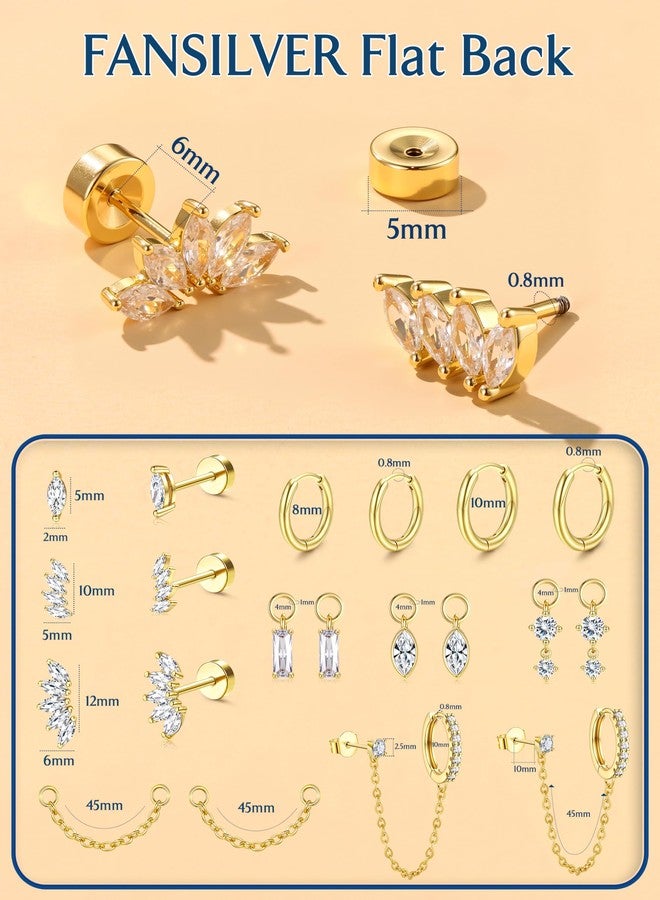 Fansilver Hypoallergenic Gold Earrings for Women Trendy - Cartilage Chain Earring Stacks - Surgical Stainless Steel Flat back Stud Earrings - Small Gold Hoops With CZ Charms - Dainty Stud Huggie Earring Sets for Multiple Piercing G2 - Image 3