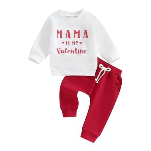 LouVasabuce Infant Baby Boy Valentines Day Clothes Outfit Letter Print Sweatshirt Top Elastic Waist Pants Set (White, 18-24 Months) - Image 1