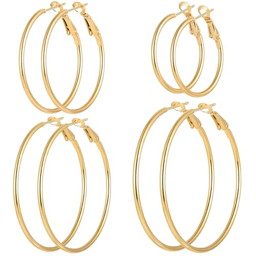 Cuicanstar 4 Pairs Gold Plated Hoop Earrings for Women Lightweight Hypoallergenic Gold Plated Hoops Stainless Steel Hoop Earrings Loop Earrings Set - Image 1