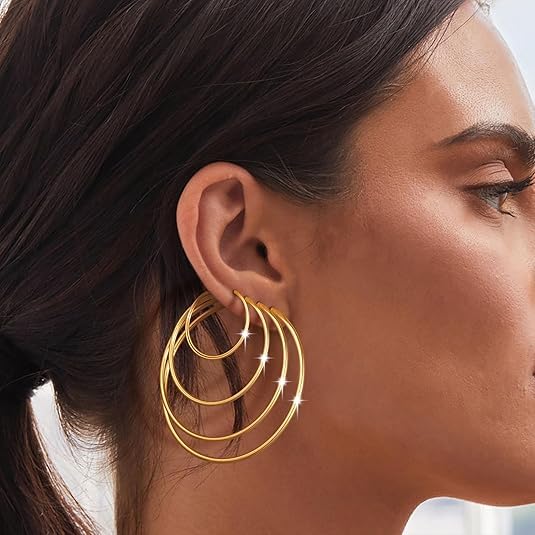 Cuicanstar 4 Pairs Gold Plated Hoop Earrings for Women Lightweight Hypoallergenic Gold Plated Hoops Stainless Steel Hoop Earrings Loop Earrings Set - Image 4