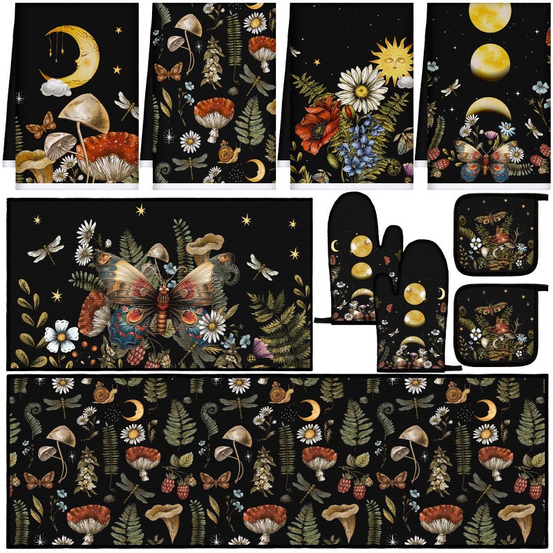 Fourluoo 10 Pcs Kitchen Dish Towels Rugs Oven Mitts and Pot Holders Set Farmhouse Kitchen Decor Set for Women Mom Daughter Gift Cooking Baking GrillingRustic ColorRustic Bohemia - Image 2