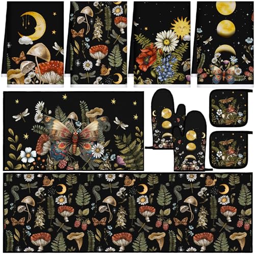 Fourluoo 10 Pcs Kitchen Dish Towels Rugs Oven Mitts and Pot Holders Set Farmhouse Kitchen Decor Set for Women Mom Daughter Gift Cooking Baking GrillingRustic ColorRustic Bohemia - Image 1