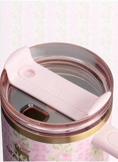 Stanley Love Shack Fancy H2.0 Flow State 40oz Pink Rose Cortex Tumbler, Stainless Steel Vacuum Insulated Quencher with Lid, Straw, and Stopper, Ideal for Water and Iced Tea, Keeps Drinks Cold, Presented in Elegant Gift-Ready Packaging  - Image 2