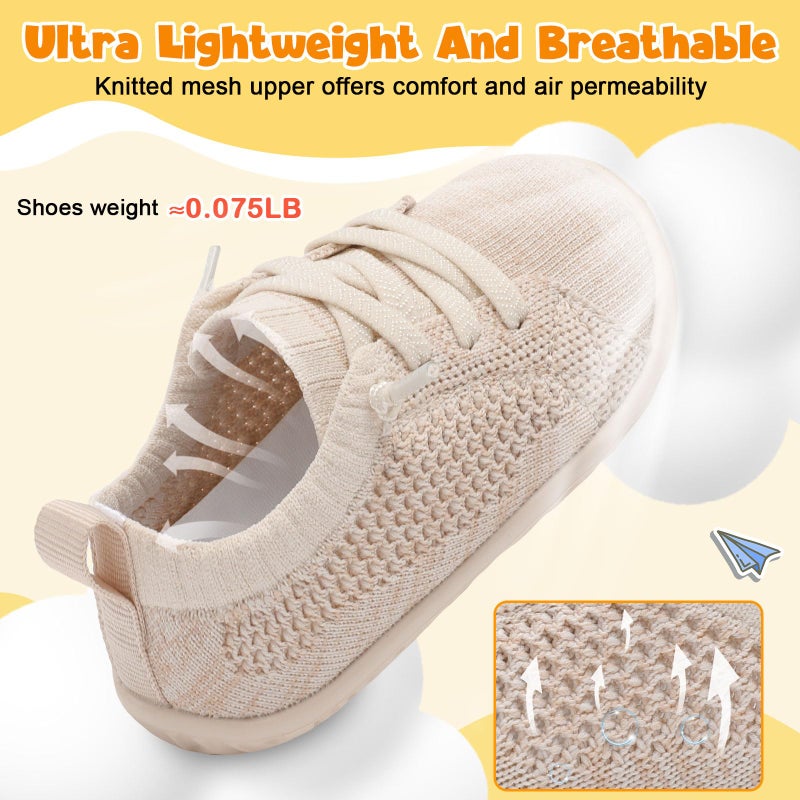 FEETCITY Lightweight Baby Shoes Boys Girls Walking Shoes Barefoot Infant Sneakers Slip On Newborn Crib Sneakers Beige - Image 4