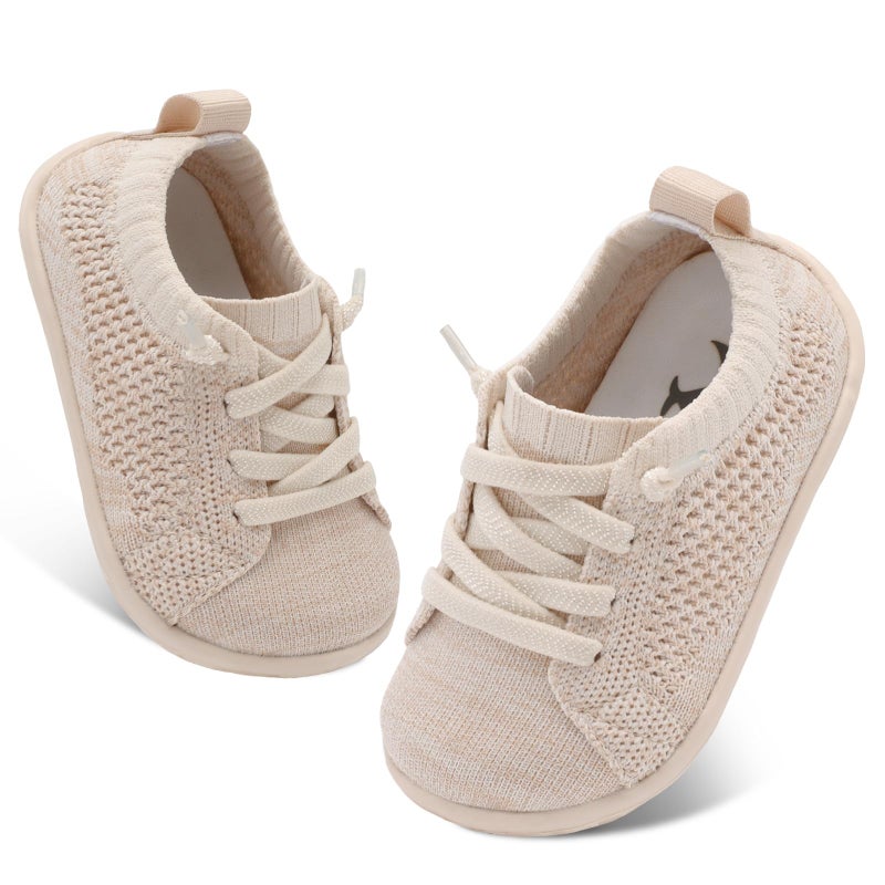 FEETCITY Lightweight Baby Shoes Boys Girls Walking Shoes Barefoot Infant Sneakers Slip On Newborn Crib Sneakers Beige - Image 1