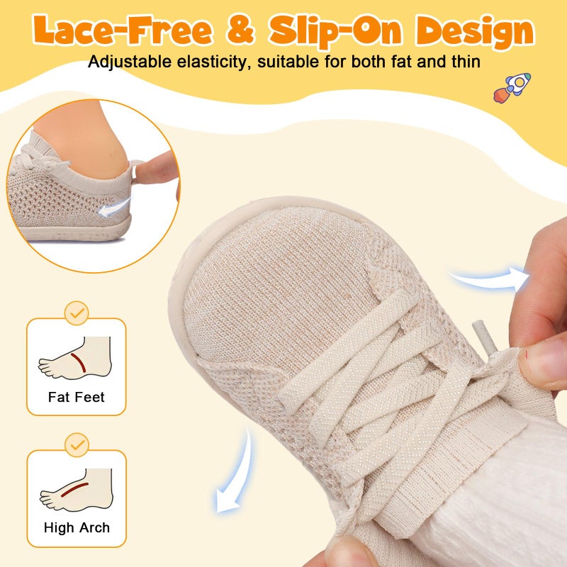 FEETCITY Lightweight Baby Shoes Boys Girls Walking Shoes Barefoot Infant Sneakers Slip On Newborn Crib Sneakers Beige - Image 3