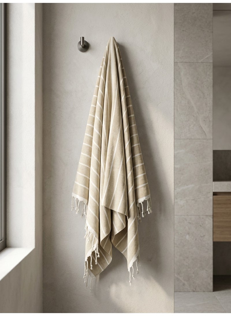 Ambrosia 90x180 cm Polycotton Light Beige Striped Turkish/Fouta Towels With Hand Knotted Fringes For Beach Bath Quick Drying Multipurpose Travel Picnic Blanket And Shawl - Image 3