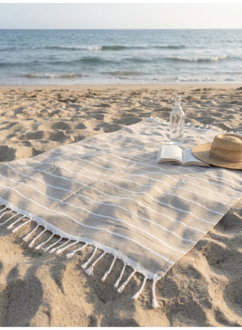 Ambrosia 90x180 cm Polycotton Light Beige Striped Turkish/Fouta Towels With Hand Knotted Fringes For Beach Bath Quick Drying Multipurpose Travel Picnic Blanket And Shawl - Image 4