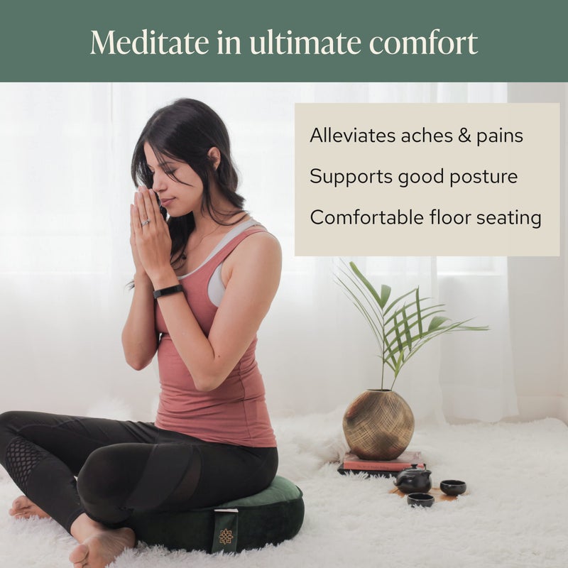 Mindful Modern Velvet Meditation Cushion | Luxe Zafu Yoga Floor Pillow Seat | Posture Support | Buckwheat Hull Filled | Large Round Cushion with Removable Washable Cover + Carry Handle | Color Green - Image 2