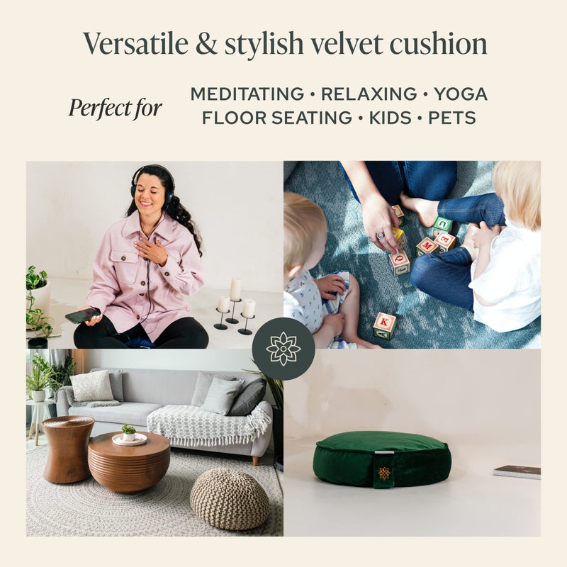 Mindful Modern Velvet Meditation Cushion | Luxe Zafu Yoga Floor Pillow Seat | Posture Support | Buckwheat Hull Filled | Large Round Cushion with Removable Washable Cover + Carry Handle | Color Green - Image 4