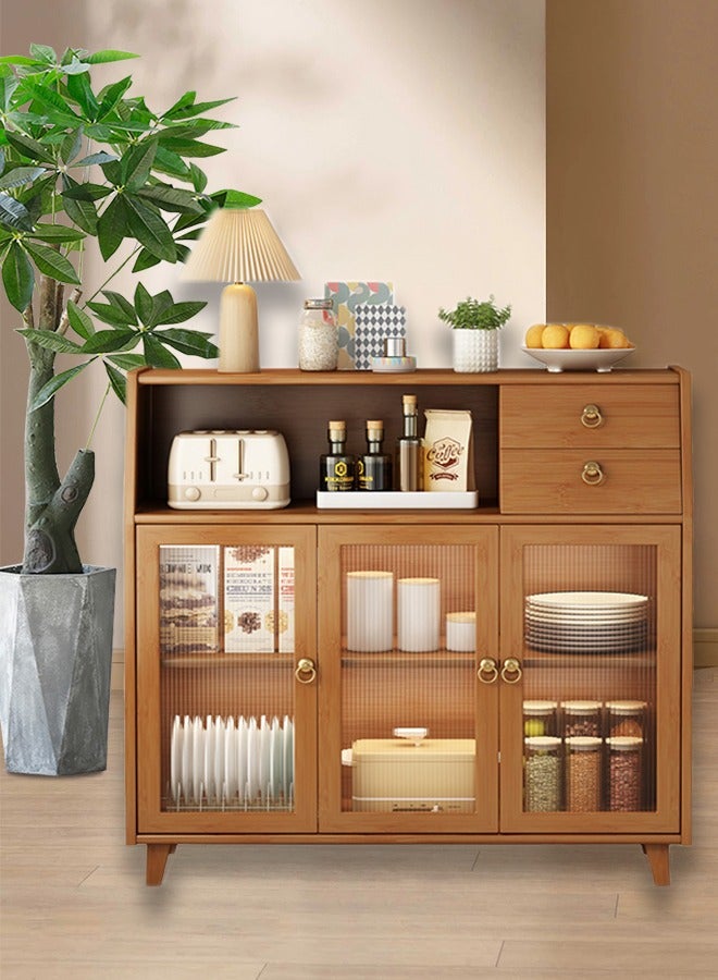 Generic Kitchen Storage Cabinet Coffee Bar Cabinet Tea Cabinet Locker Sideboard Cupboard Cabinet Tea Storage Organizer with 2 Drawers and 3 Clear Doors for Office Livingroom Kitchen - Image 1