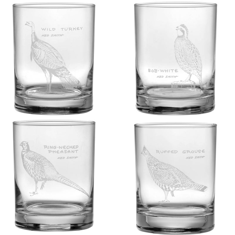 Culver Ned Smith Upland Gamebirds 14Ounce DOF Double Old Fashioned Glass Assorted Set of 4