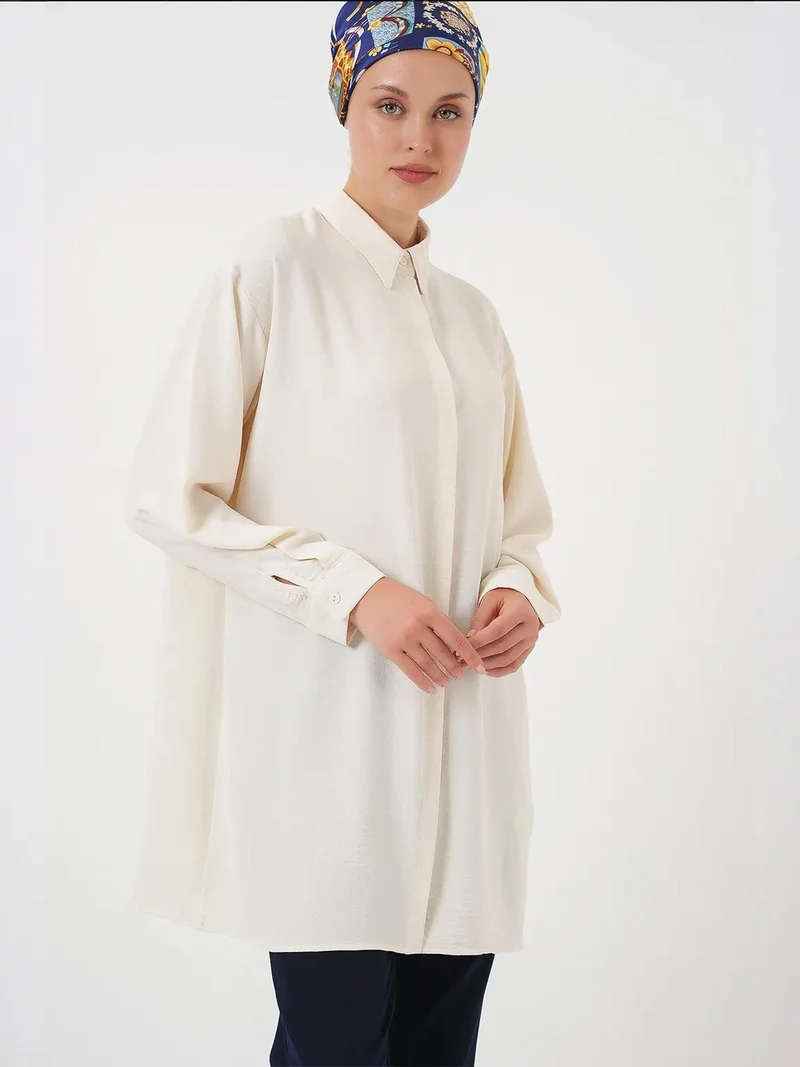 Big Dart Ivory Natural BDART Oversized Long Sleeve Button-Up Blouse with Shirt Collar for Women | Best Price UAE