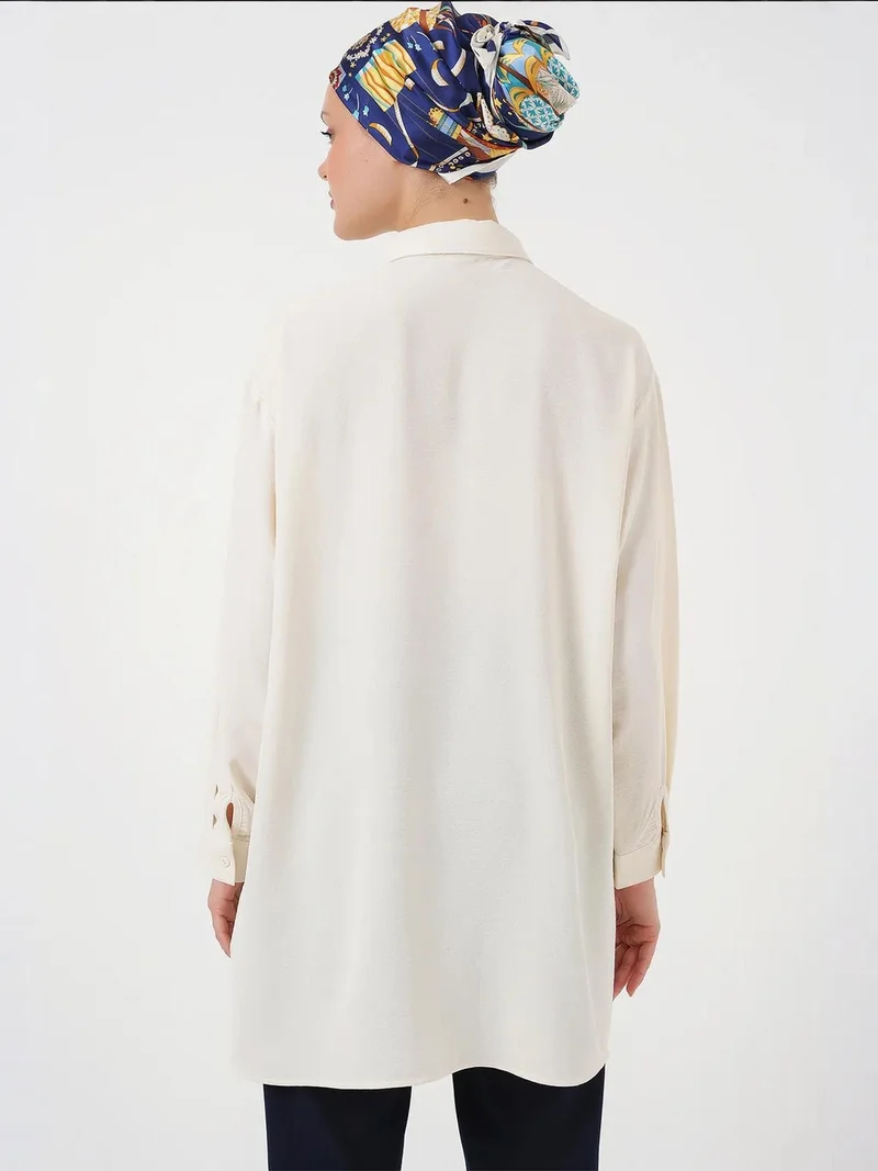Big Dart Ivory Natural BDART Oversized Long Sleeve Button-Up Blouse with Shirt Collar for Women | Best Price UAE